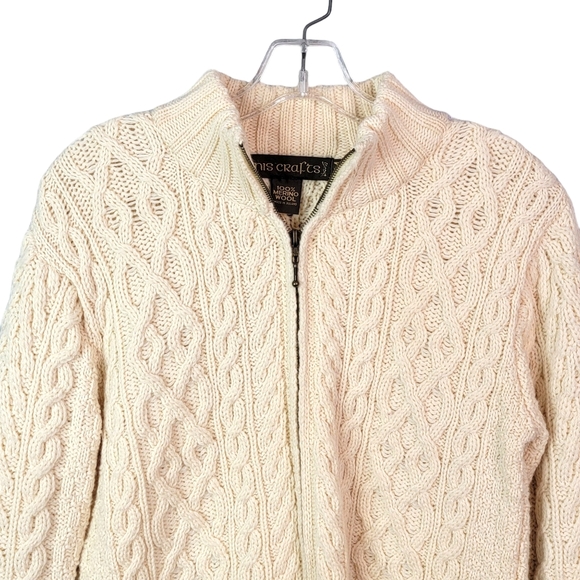 Inis Crafts 100% Merino Wool Made in Ireland Cable Knit Zip Up Heavy Sweater M - Picture 3 of 14
